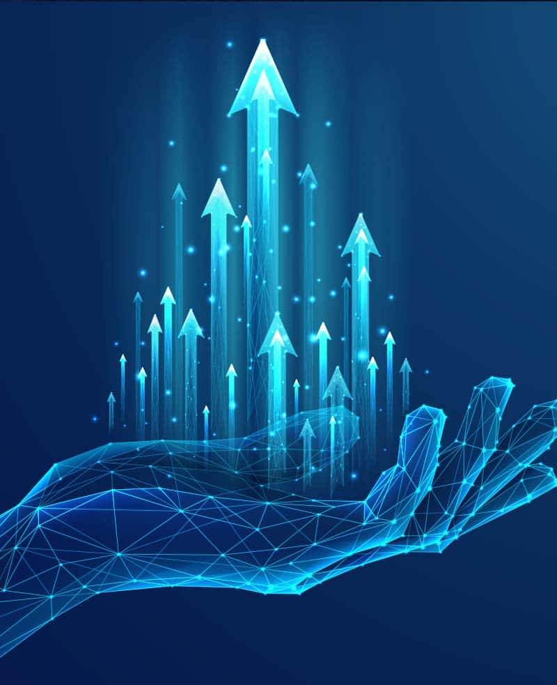 Data rising up from a person's hand.